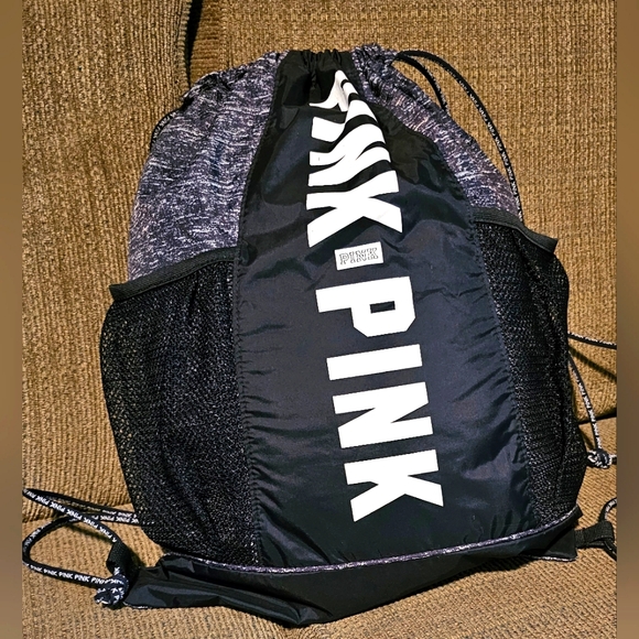 PINK Victoria's Secret Handbags - Victoria's Secret Pink Drawstring Backpack in Black Nylon EUC